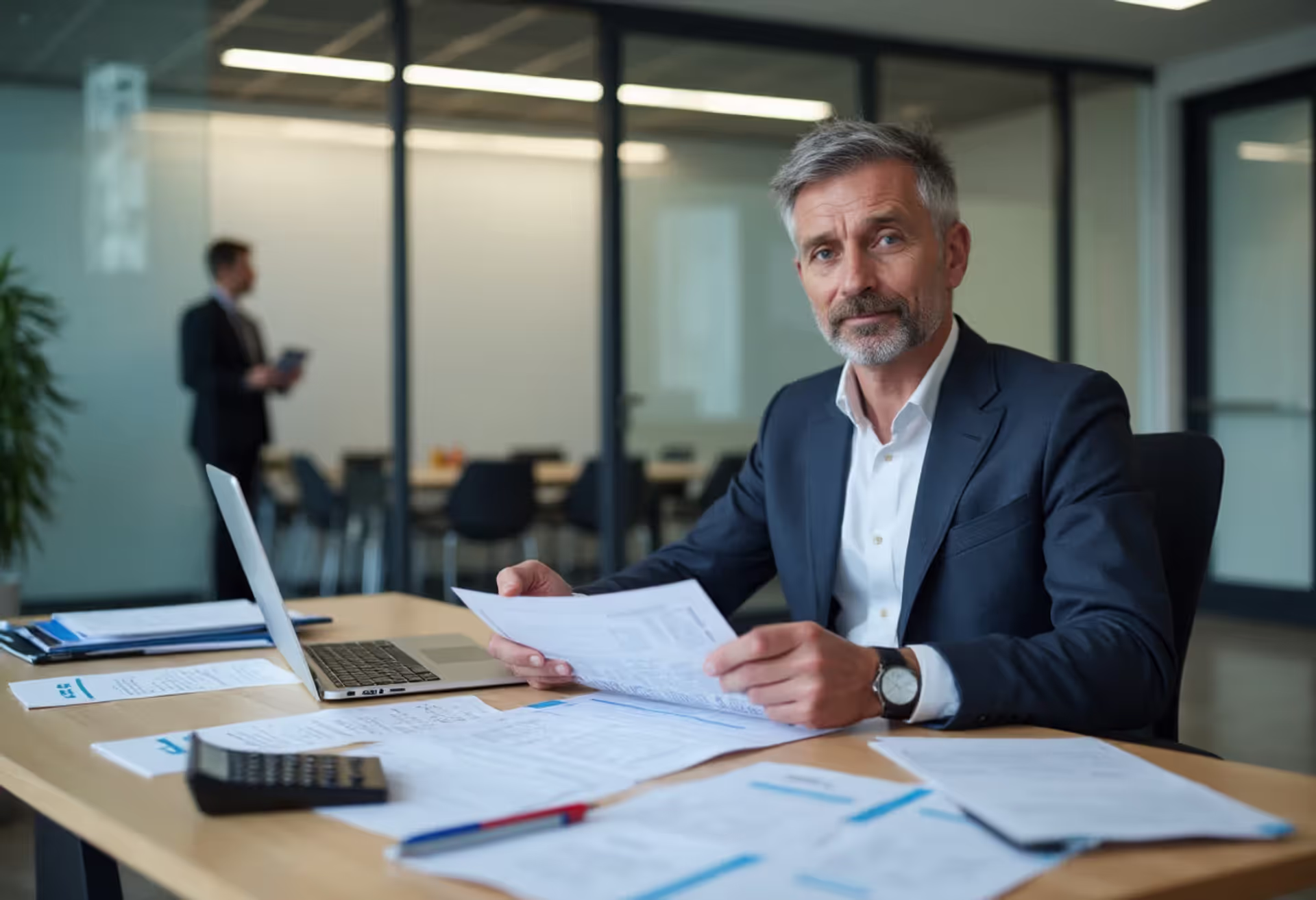 Business owner reviewing SBA loan documents in a modern office