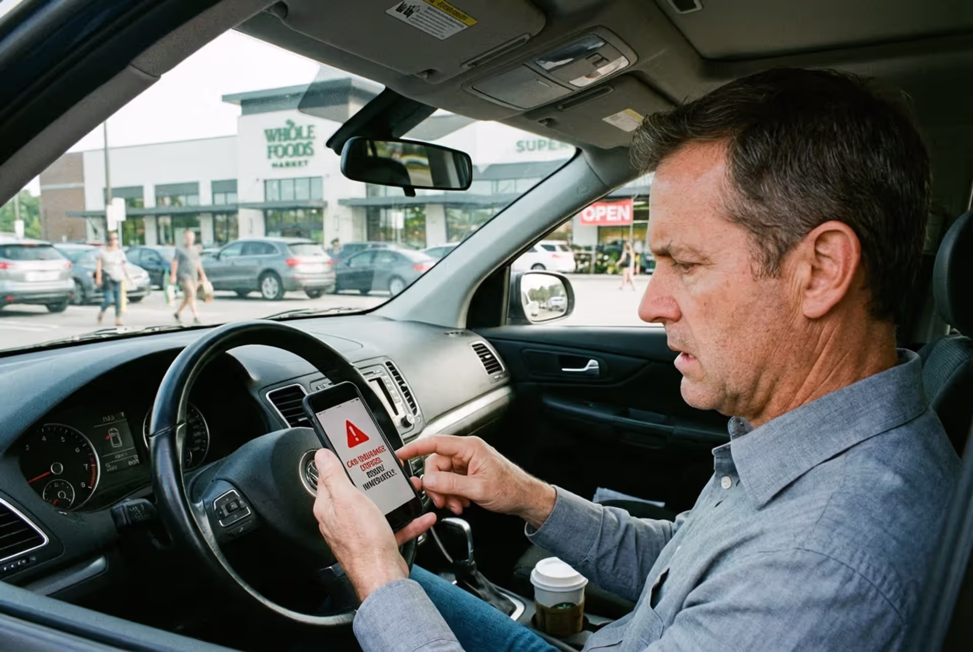 Driver looking at expired car insurance notice on smartphone while sitting in parked car